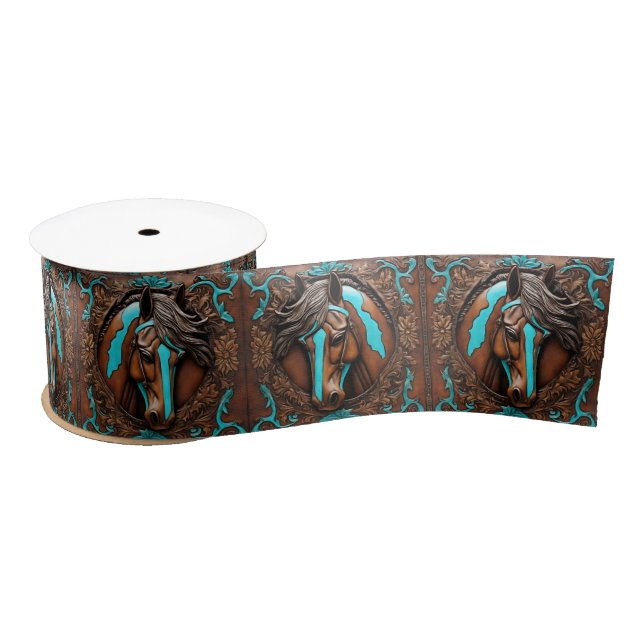 Cowboy Western Country Turquoise Blue Brown Horse  Satin Ribbon (Spool)