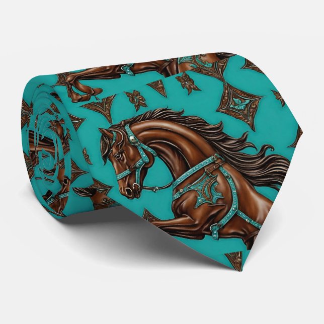 Cowboy Western Country Turquoise Brown Horse  Tie (Rolled)