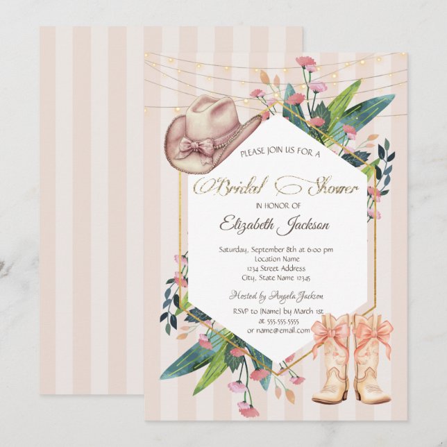 Cowboy Western Floral Frame Striped Bridal Shower  Invitation (Front/Back)