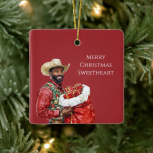Cowboy Western Hat Black Man Christmas Ceramic Ornament