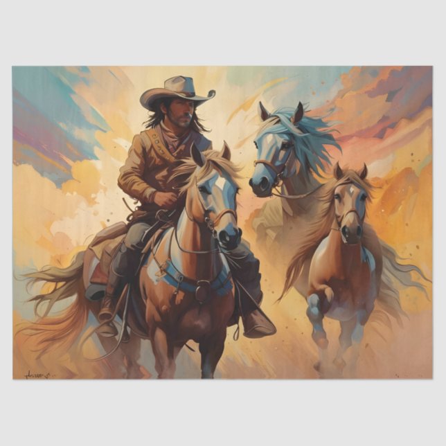 Cowboy Western Horses blue Tan Collage Tissue Paper (Front)