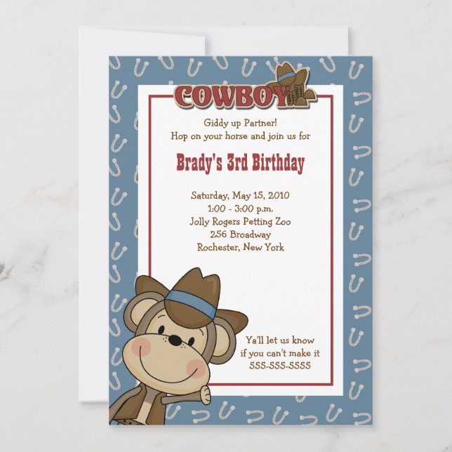 Cowboy Western Monkey 5x7 Birthday Invitation (Front)