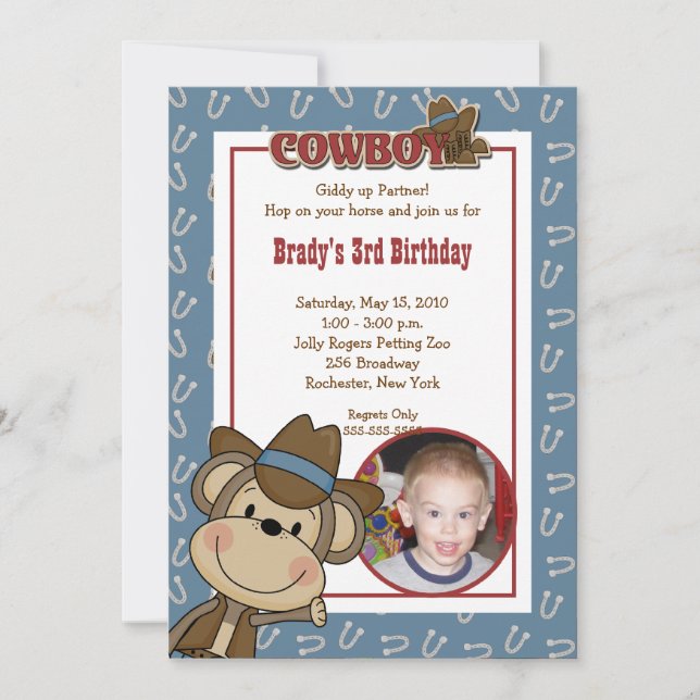 Cowboy Western Monkey 5x7 *PHOTO* Birthday Invitation (Front)