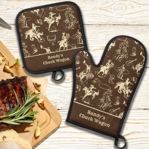 Cowboy Western Rodeo Personalised Oven Mitt & Pot Holder Set