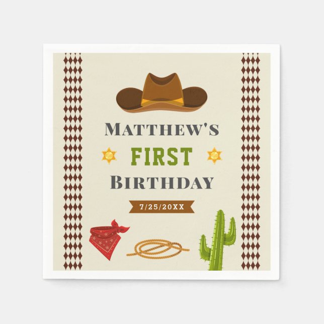 Cowboy Western Saloon Baby Boy Wild West Birthday Napkin (Front)