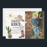 Cowboy Western Wild West Kids Photo Birthday Invitation<br><div class="desc">This chic boy's cowboy themed birthday photo invitation features a white background with a cowboy hat,  cowboy boot,  cactus and the sun. The reverse side features a white background with cow patterns. Personalise for your needs. You can find matching products at my store.</div>