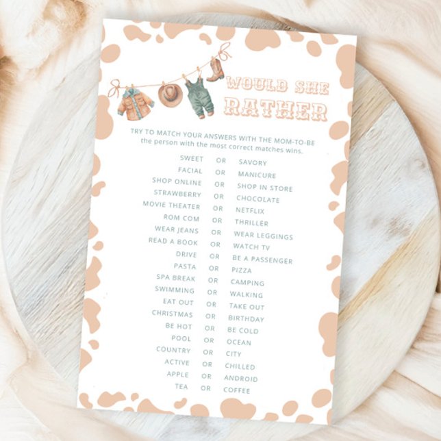 Cowboy Western Would She Rather Baby Shower Game (Creator Uploaded)