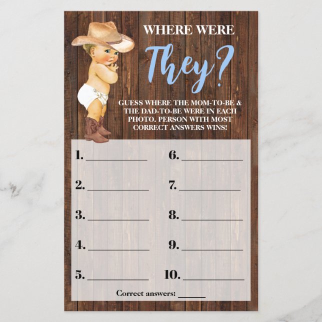Cowboy Where Were They Blue Baby Shower Game Card (Front)