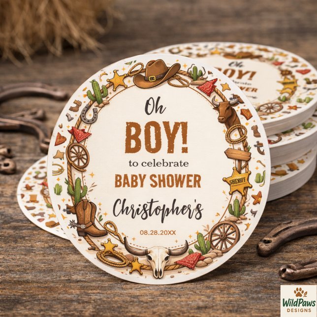 Cowboy Wild West Rodeo Ranch | Rustic Western Baby Classic Round Sticker (Cowboy Wild West Rodeo Ranch | Rustic Western Baby Classic Round Sticker
)