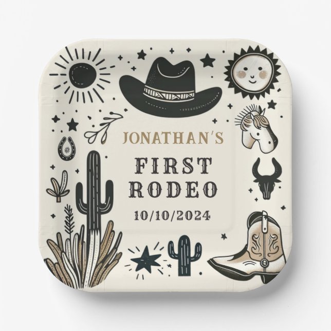 Cowboy Wild Western First Rodeo First Birthday 1st Paper Plate (Front)