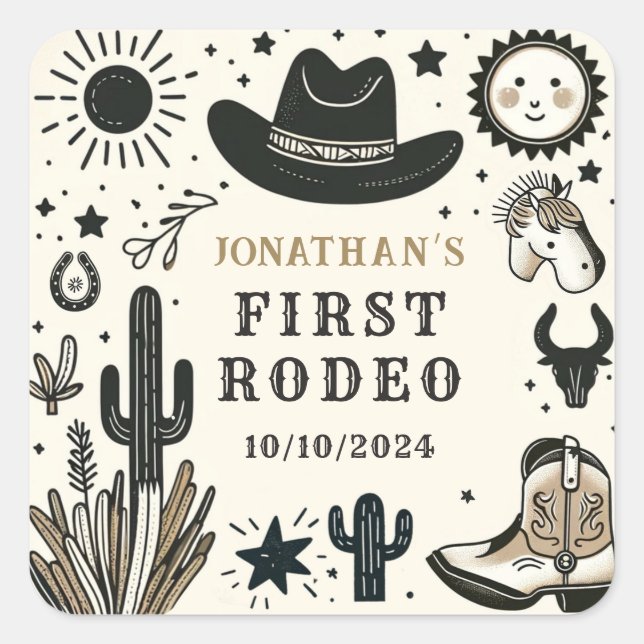 Cowboy Wild Western First Rodeo First Birthday 1st Square Sticker (Front)