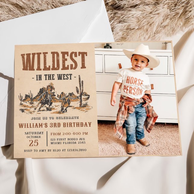 Cowboy Wildest In The West 3rd Birthday Photo Invitation (Creator Uploaded)