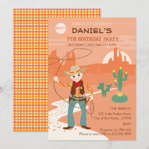 Cowboy with a lasso and cacti kids Birthday Party Invitation