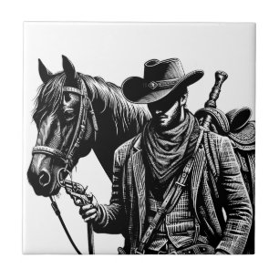 Cowboy with horse illustration western art tile