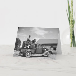 Cowboy with horse in a truck card