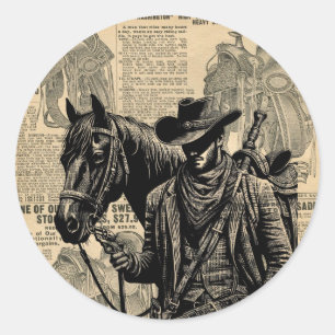 Cowboy with horse saddles western art classic round sticker
