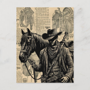 Cowboy with horse saddles western art postcard