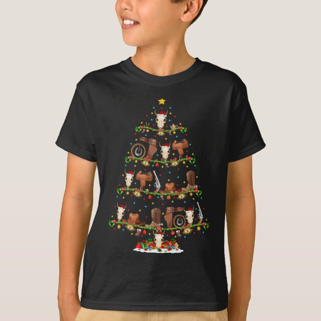 Cowboy Xmas Lighting Santa Cowboy Christmas Tree T-Shirt (Front)