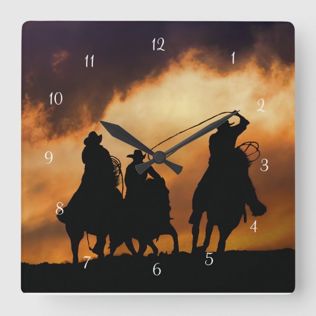 Cowboys and Horses Roping Square Wall Clock (Front)