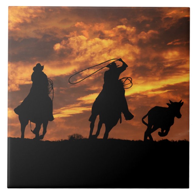 Cowboys and Horses Roping Steer Tile (Front)