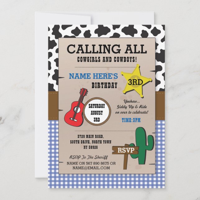 Cowboys Blue Check Birthday Sheriff Western Invite (Front)