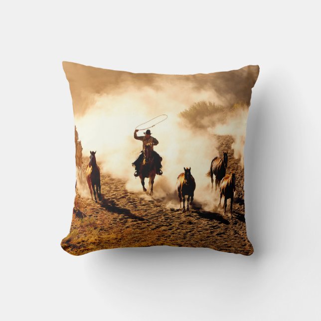 Cowboys chasing wilding horses. roping and riding, cushion (Front)