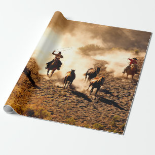 Cowboys chasing wilding horses. roping and riding, wrapping paper