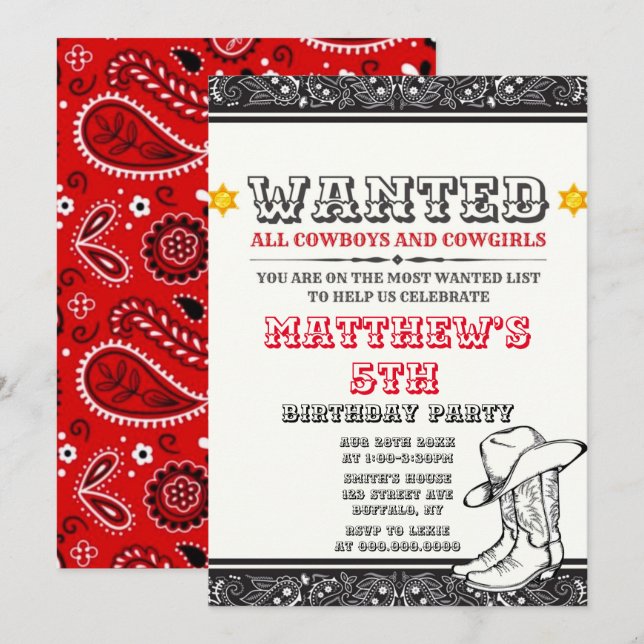 Cowboys & Cowgirls Bandanna Birthday Party Invites (Front/Back)