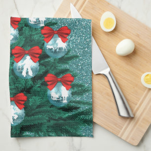 Cowboys Cowgirls Roping On Blue Ornaments And Tree Tea Towel