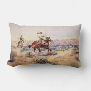Cowboys on Horses Roping a Wolf with a Lasso Lumbar Cushion