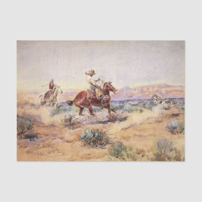 Cowboys on Horses Roping a Wolf with a Lasso Tissue Paper (Front)