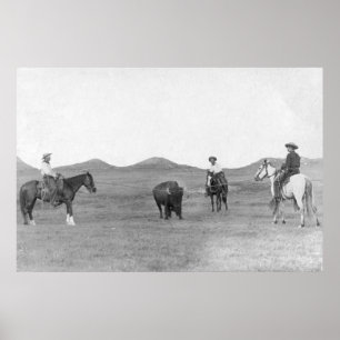 Cowboys on Horses Roping Buffalo Photograph Poster