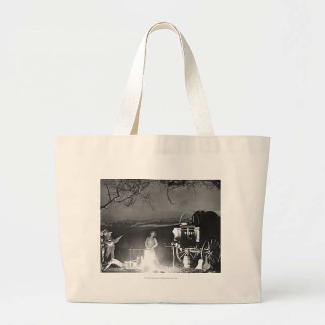 Cowboys playing and singing around a campfire large tote bag (Front)