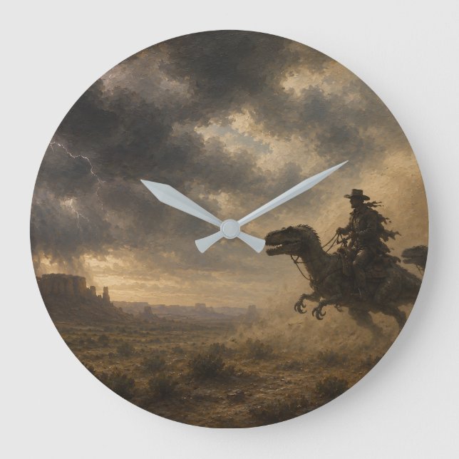 Cowboys Riding Dinosaurs Through a Desert Storm Large Clock (Front)