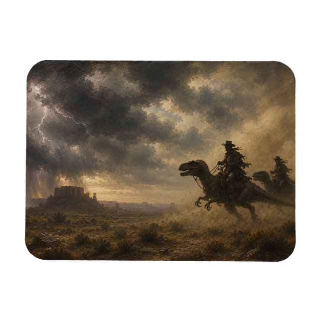 Cowboys Riding Dinosaurs Through a Desert Storm Magnet (Horizontal)