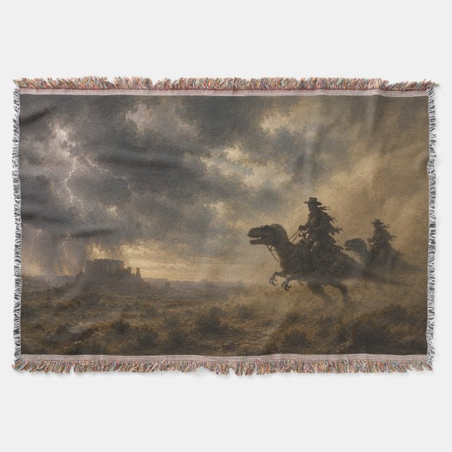 Cowboys Riding Dinosaurs Through a Desert Storm Throw Blanket (Front)