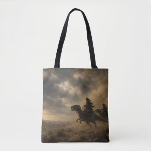 Cowboys Riding Dinosaurs Through a Desert Storm Tote Bag