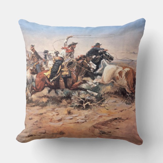 Cowboys roping a steer, 1897 (oil on canvas) cushion (Front)