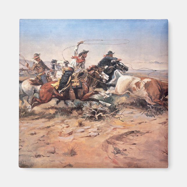 Cowboys roping a steer, 1897 (oil on canvas) magnet (Front)