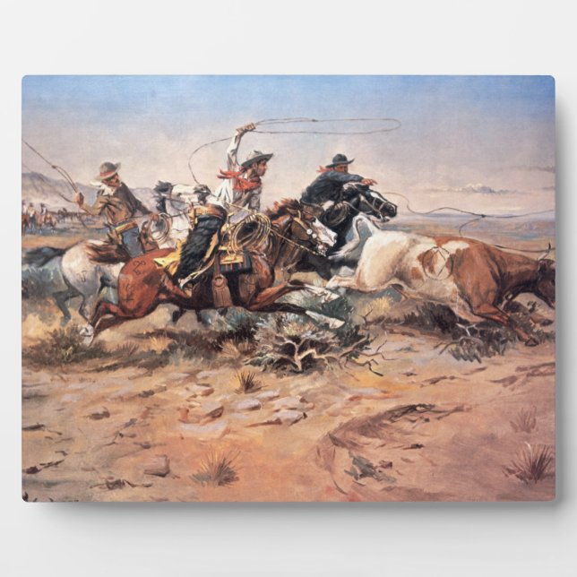 Cowboys roping a steer, 1897 (oil on canvas) plaque (Front)