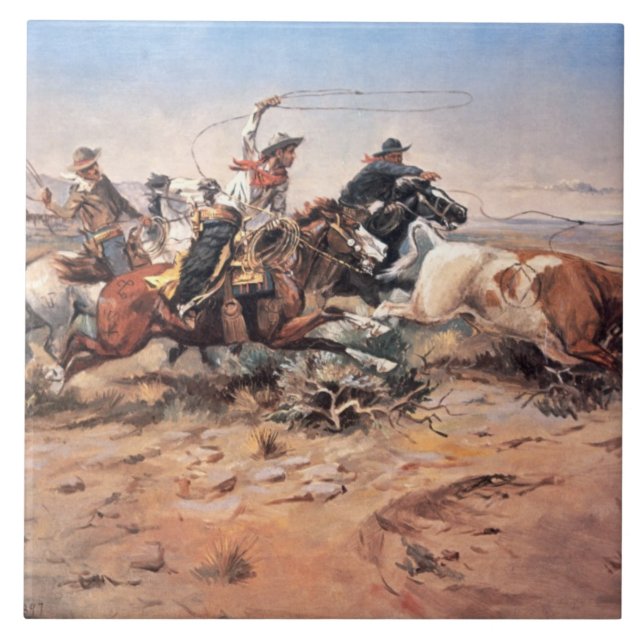 Cowboys roping a steer, 1897 (oil on canvas) tile (Front)