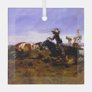 “Cowboys Roping a Steer” by Charles M Russell Glass Tree Decoration