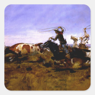 “Cowboys Roping a Steer” by Charles M Russell Square Sticker