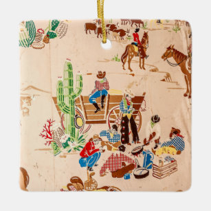 Cowboys - Vintage Wallpaper - Wild West Ceramic Ornament