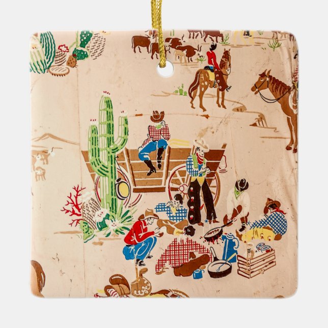 Cowboys - Vintage Wallpaper - Wild West Ceramic Ornament (Front)