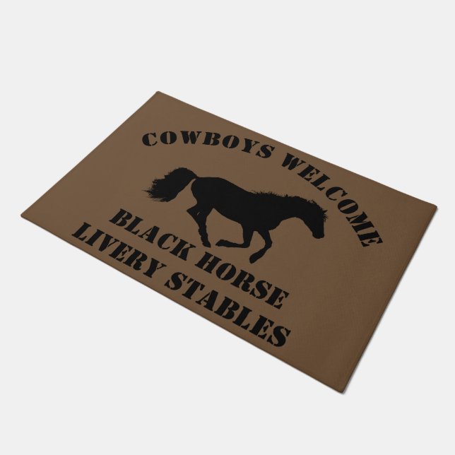Cowboys welcome pony club, ranch or livery stables doormat (Angled)