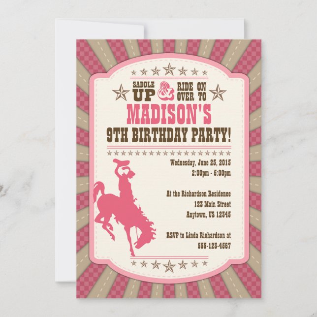 Cowgirl 9th Birthday Party Girl Invitation (Front)