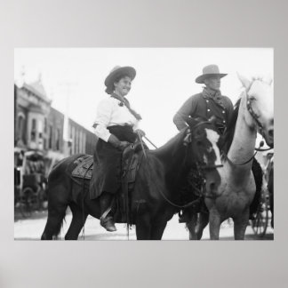 Cowgirl and Cowboy on Horseback: 1908 Poster