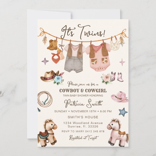 Cowgirl and Cowboy Twin Invitation (Front)