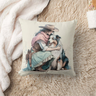 Cowgirl And Dog Pastel Watercolor Cushion